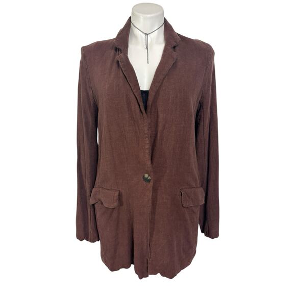 Free People Linen Brown Oversized Coat Women Size 0 Slouch Pockets Grunge Goblin - Picture 1 of 8
